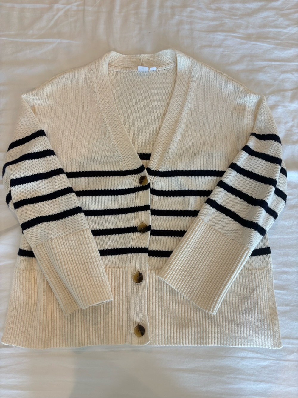 GAP Cream and Navy Striped V-Neck Button Cardigan